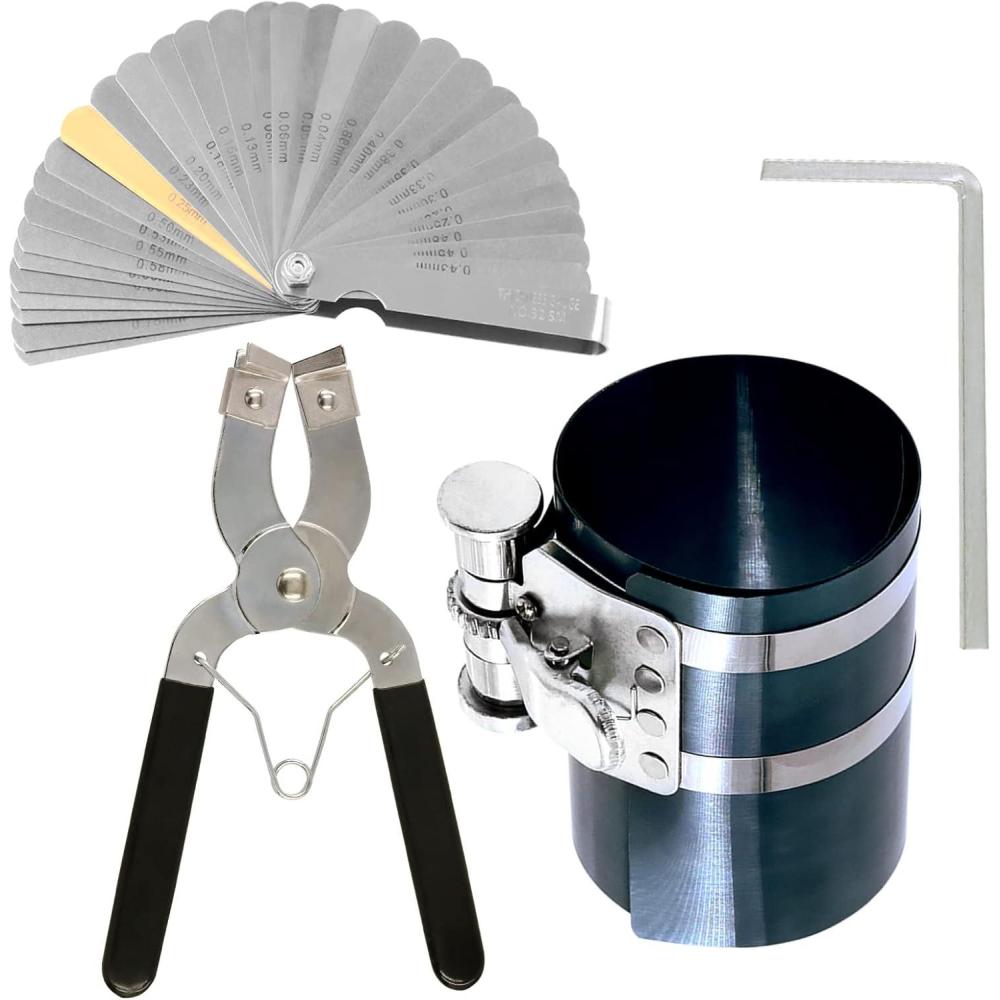 image:imageSwpeet 4 pices 4 pouces compresseur anneau de piston et rglable outil de montage de piston installer pince de dmontage avec cl et Kit combin de jauge de palpage en acier inoxydable pour moteur