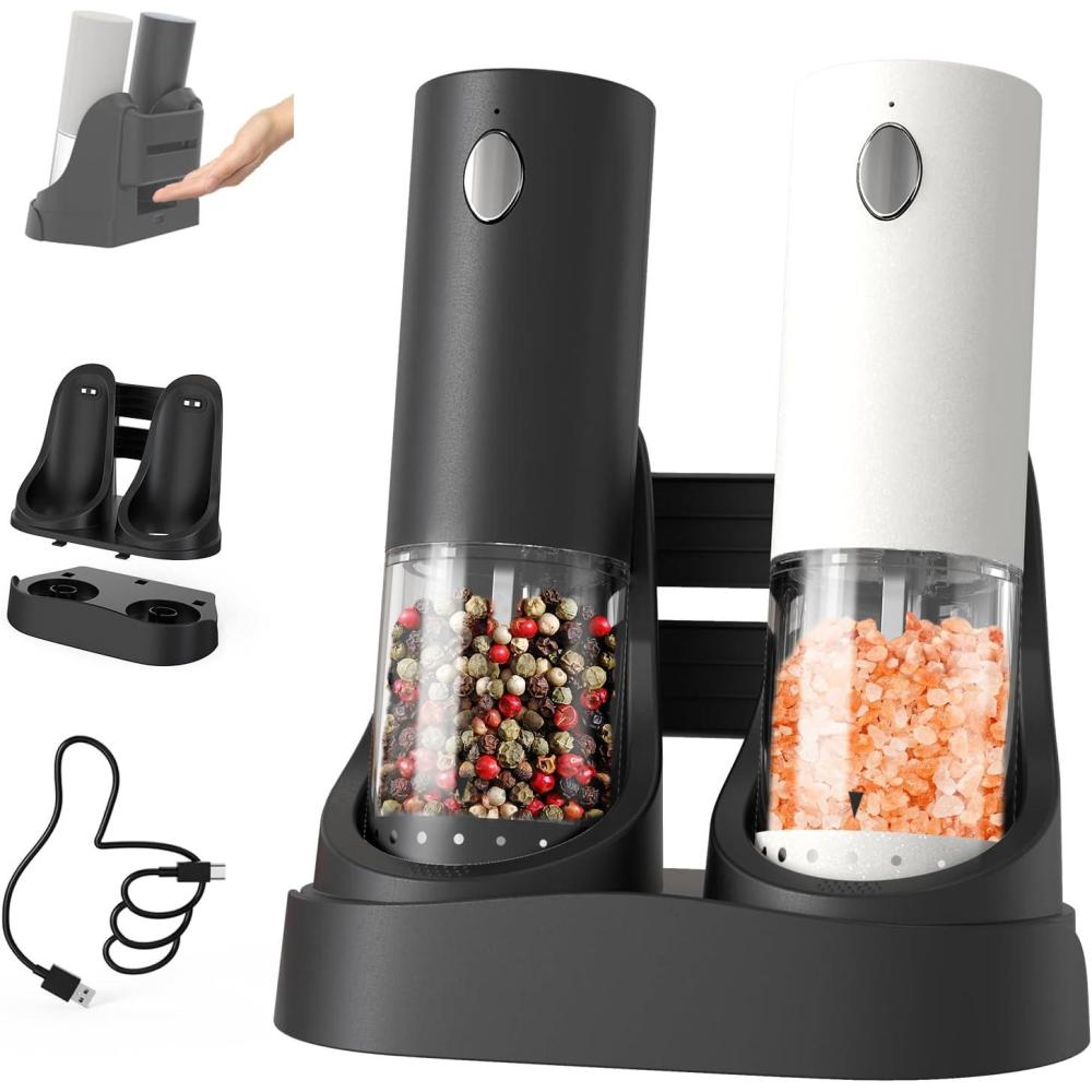 image:imageCIRCLE JOY Ensemble de Moulin Poivre et Sel lectrique Rechargeable Moulin pices avec Base Rcipient Transparent Lavable de 95ml Lumire LED Blanche et Grossiret Rglable NoirEnsemble Rechargeable avec Base de Chargement Noir Blanc