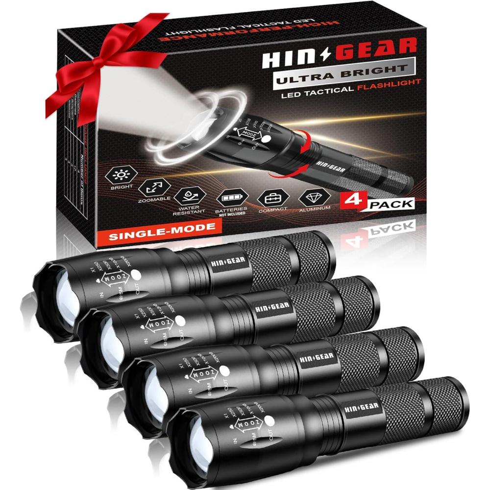 image:imageLampe Torche Puissante Un Mode Lampe de Poche Zoomable tanche IPX5 LED Lampes de Poche Militaire en Aluminium pour Camping Randonne Urgences Cadeau Lot de 4Noir