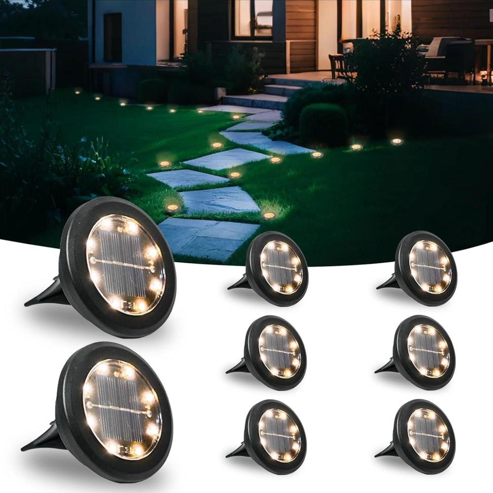 image:imageLot de 8 Lampe Solaire Exterieur Au Sol 8 LED Jardin Lumiere Solaire Extrieur Lumire Solaire IP65 tanche Longue Dure de Vie Spot Solaire pour Chemins Pelouse Alle Terrasse Blanc ChaudBlanc Chaud